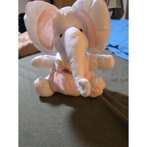 14in Vintage Nylon Pink and White Elephant Plush Stuffed Animal